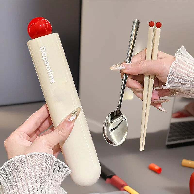 

Портативный набор палочек для еды и ложек с коробкой для хранения, посуда для одного человека для офисных работников, студентов, стильный набор столовых приборов для обеда