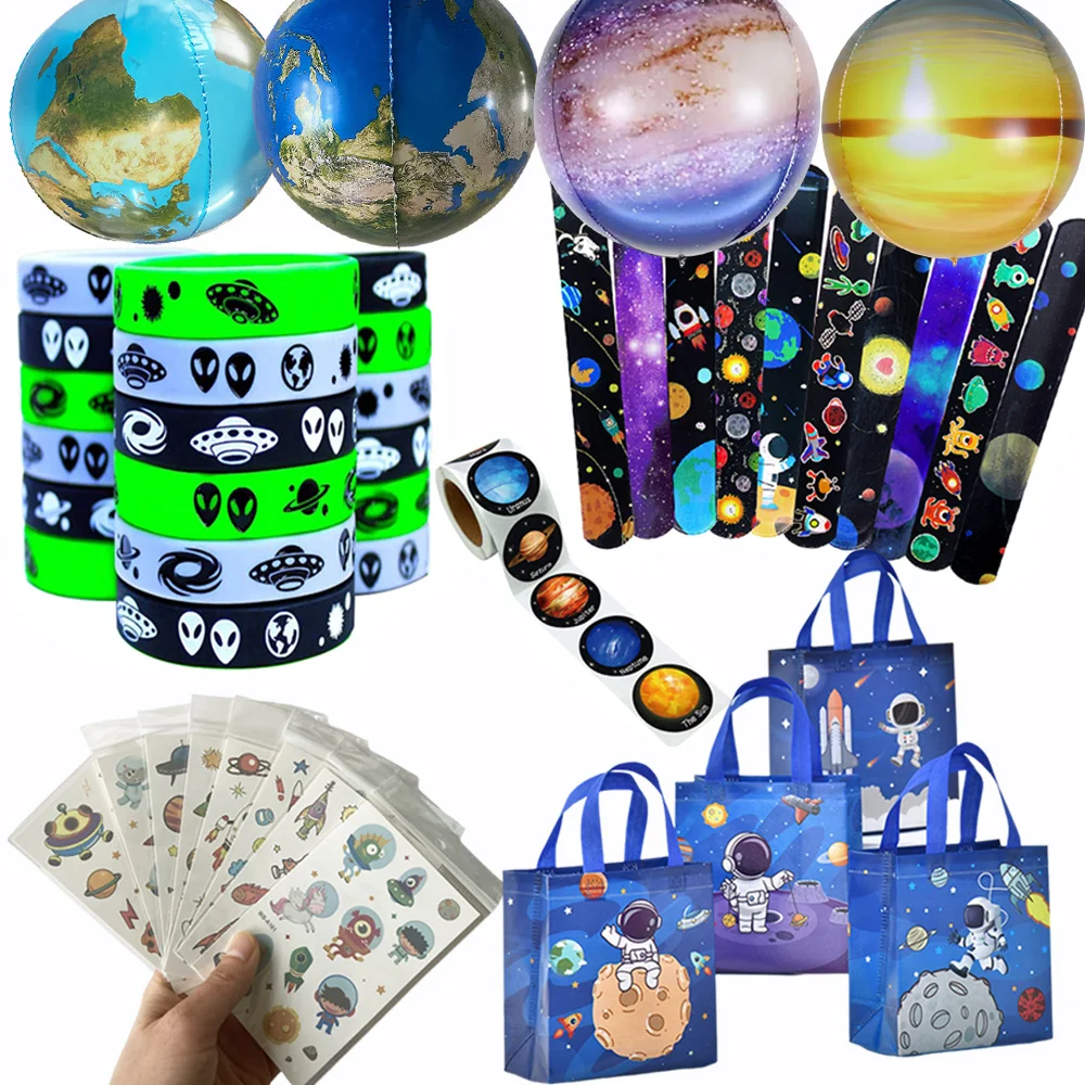 

Space Party Favors Gift Bag Tattoos Stickers Keychains Slap Bracelet Boy Galaxy Birthday Supplies Treat Gift Goodie Bag Filler