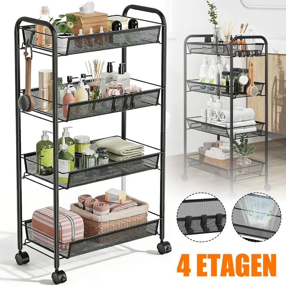 Étagère de rangement utilitaire à roulettes à quatre niveaux, équipée de deux roues verrouillables et de quatre crochets pour accessoires, chariot à étagères à plusieurs niveaux polyvalent idéal pour l'organisation de la maison, de la cuisine, des salles de bain et du bureau.