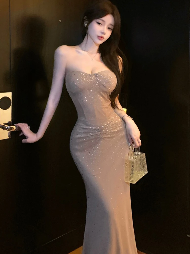 Femmes solide paillettes Chic poitrine enveloppement Sexy robe Maxi été élégant moulante robe de soirée 2025 coréen Vintage luxe robes