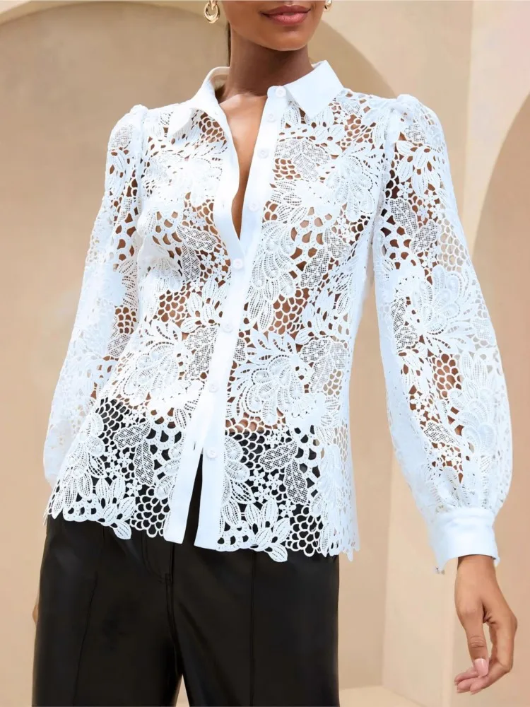 2026 Elegant Lady Blouses Woman's  Spring Autumn New Solid-color Shirt Fashionable Lace Cutout Long-sleeved Fitted Lapel Top