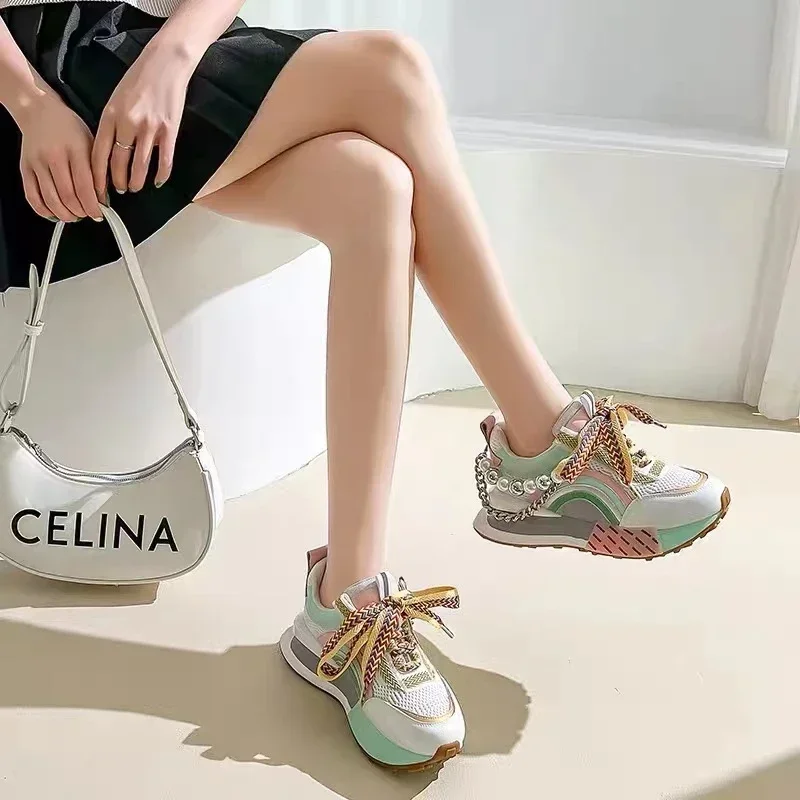 

Ladies Shoes 2024 Hot Sale Lace-up Women's Vulcanize Shoes Fashion String Bead New Color Matching The Chain Breathable Sneakers