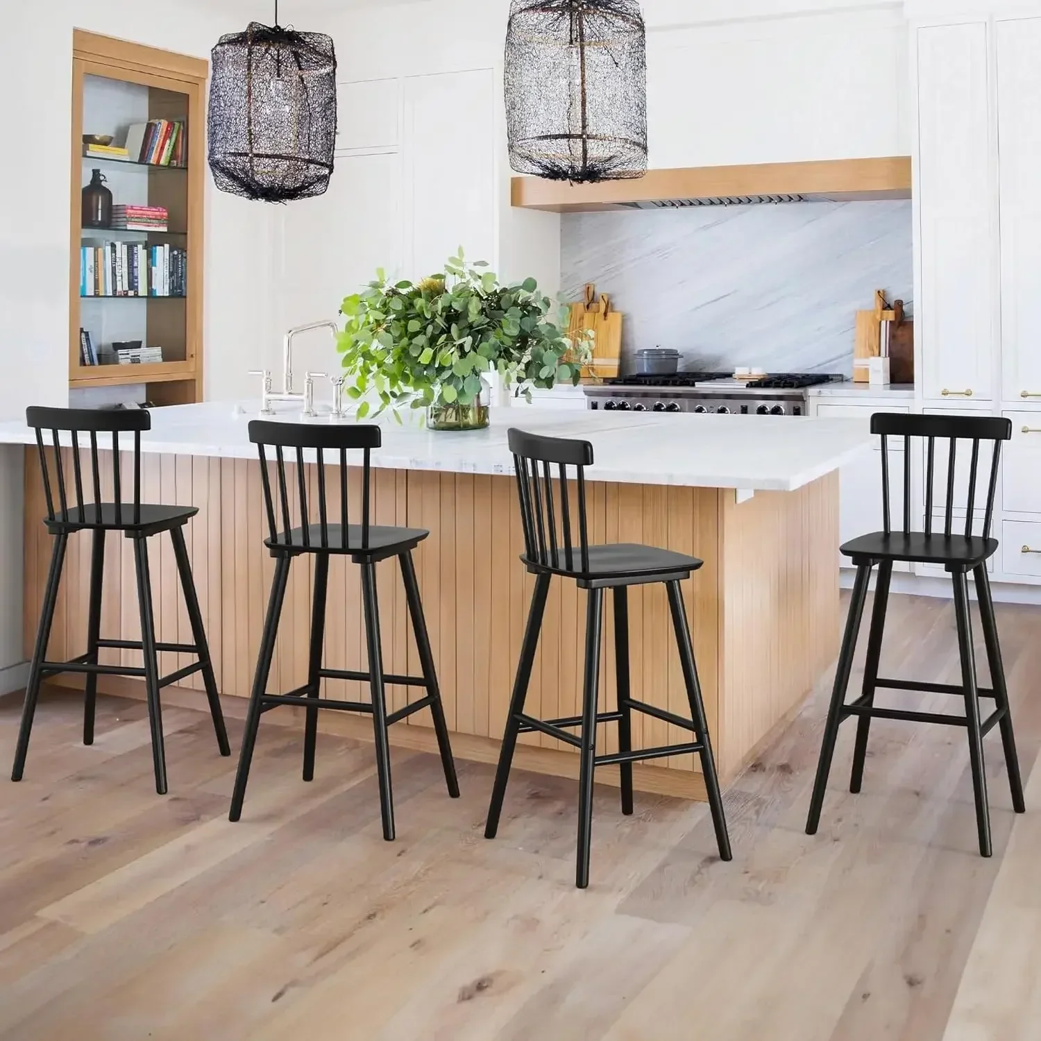 

Windsor Wooden Barstools Set of 4 for Kitchen Island, 30 Inch Bar Height Stools Chairs with Spindle Back, Black