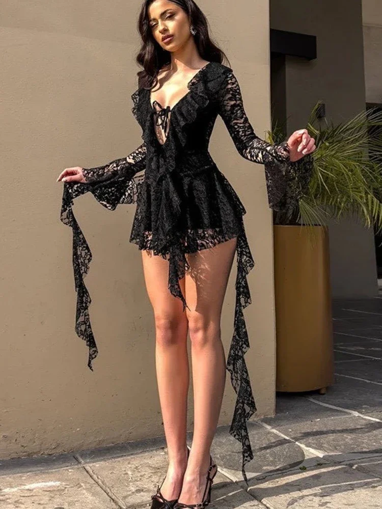 

Sexy Lace Long-Sleeve Dress Ruffled Bell Sleeves Lacing Bandeau Hollow Out Party Dress Evening Women's Mini Dress 2025 New