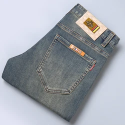 2024 fall and winter new retro nostalgic blue washed jeans high-end casual stretch Slim men's small straight leg jeans