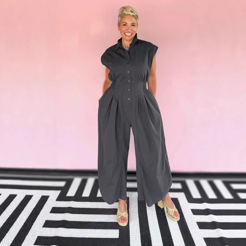 

Cargo Jump Suits Women One Piece Sleeveless Button Turn Down Collar Wide Leg Long Pants Tight Waist Rompers Y2k Work 2026 Spring