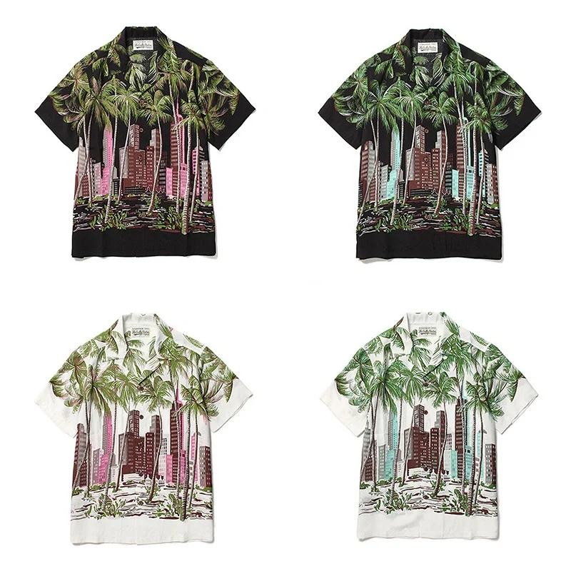 High Street Summer Trendy Mens Womens WACKO MARIA Coconut Tree High Rise City Full Print Hawaii Casual Short Sleeve Shirt