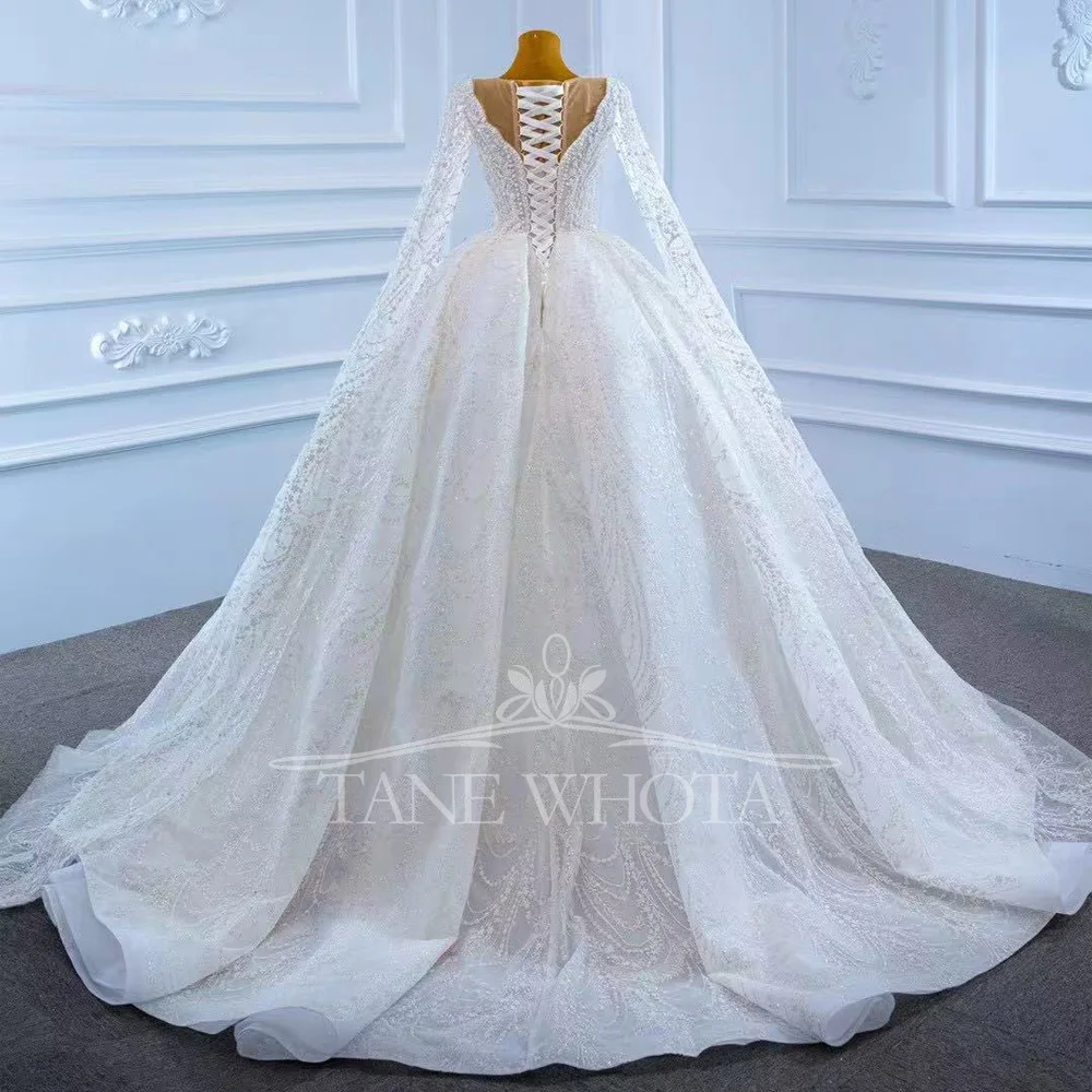 Vestido Casamento 2025 Белые свадебные платья с круглым вырезом и длинными рукавами на шнуровке сзади, расшитые бисером и блестками по индивидуальному заказу