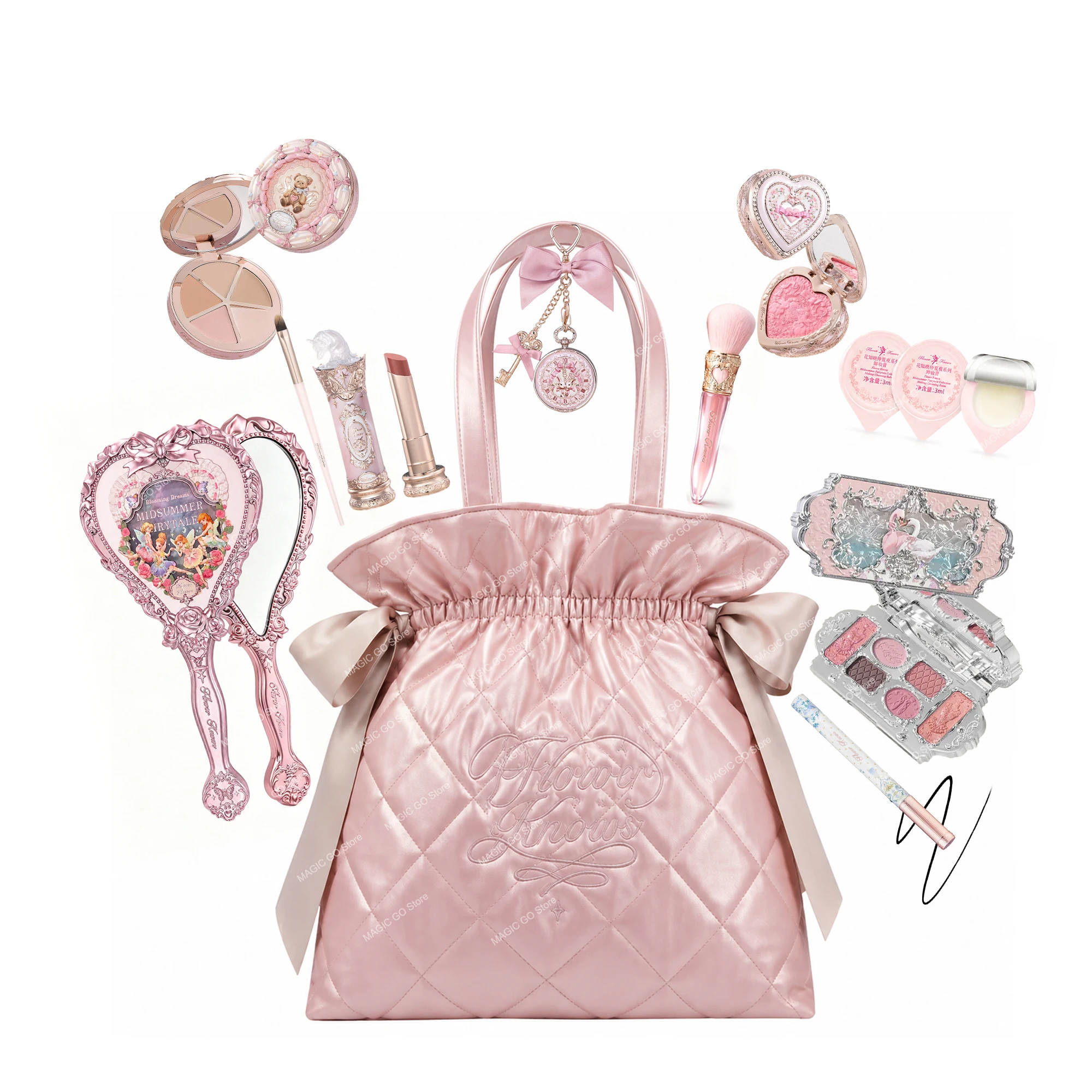 flower-knows-coffret-maquillage-Edition-limitee-avec-sac-tote-motif-losange-palette-fard-A-paupieres-correcteur-blush-eyeliner-rouge-A-levres-collection-beaute-luxe-kawaii-femme