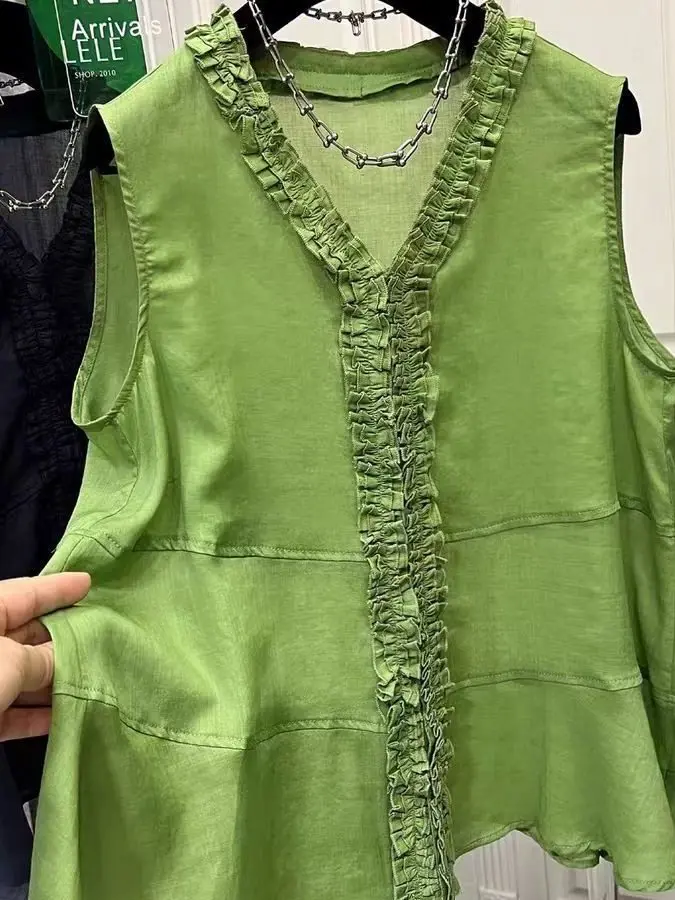 

plus Size 300 Pounds Summer Design Korean Style V-Neck Shirt Unisex Fashionable Versatile Top Trendy Wooden Ear Detail