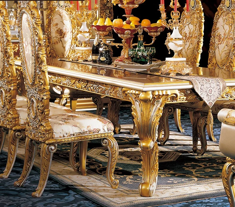 Luxury Solid Wood Antique Carved Dining Set Home Dining Room Furniture Classic Royal Dining Chair And Table