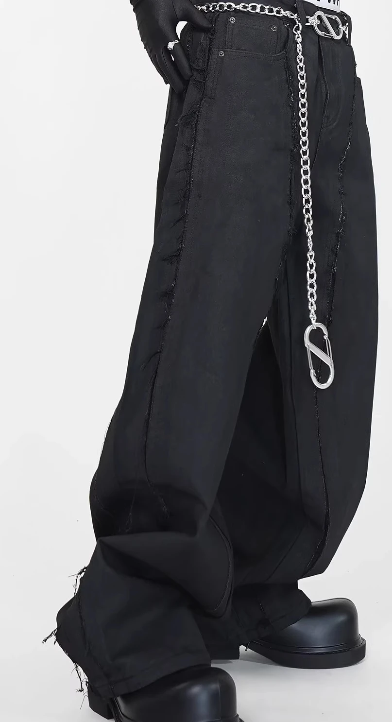 Men's 2025 Four Seasons Wear High-End Tassel Curved Jeans Loose Waist Chain Denim Trousers Wide-Leg Straight Long Denim Pants