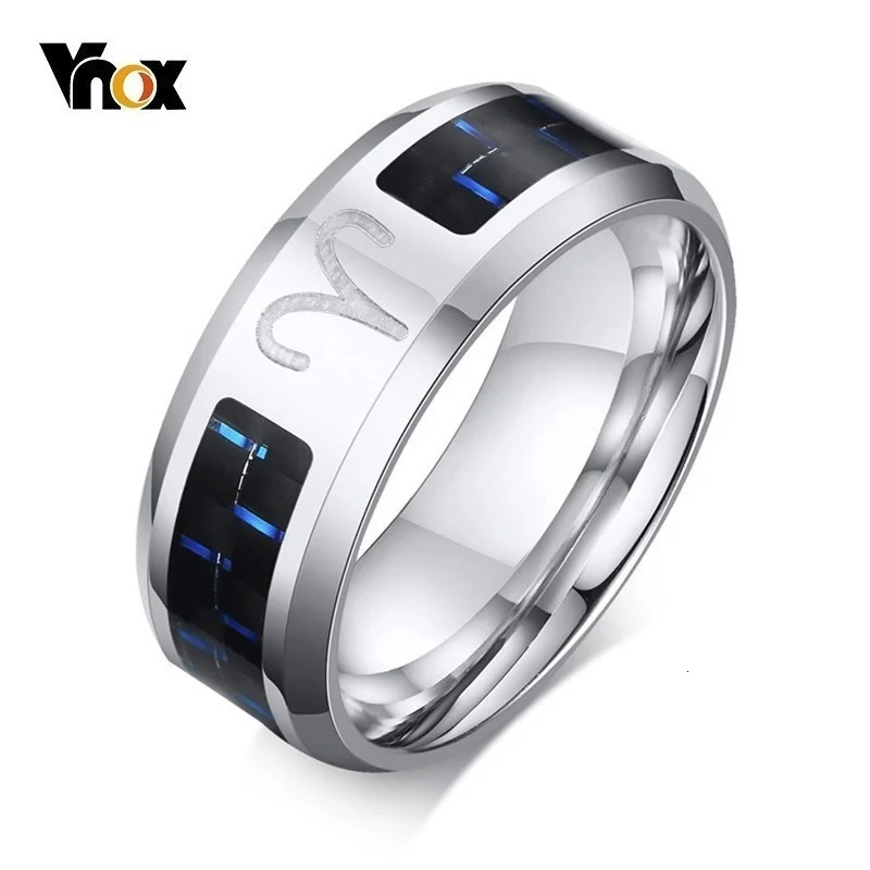 Vnox Aries Ring for Men 12 Horoscope Stainless Steel with Carbon Fiber Wedding Band Casual Male Alliance