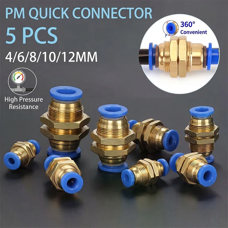 

5Pcs PM Series Bulkhead Straight Pneumatic Fitting,4-12mm Push-to-Connect Quick Release Hose Connector for Air Compressor System