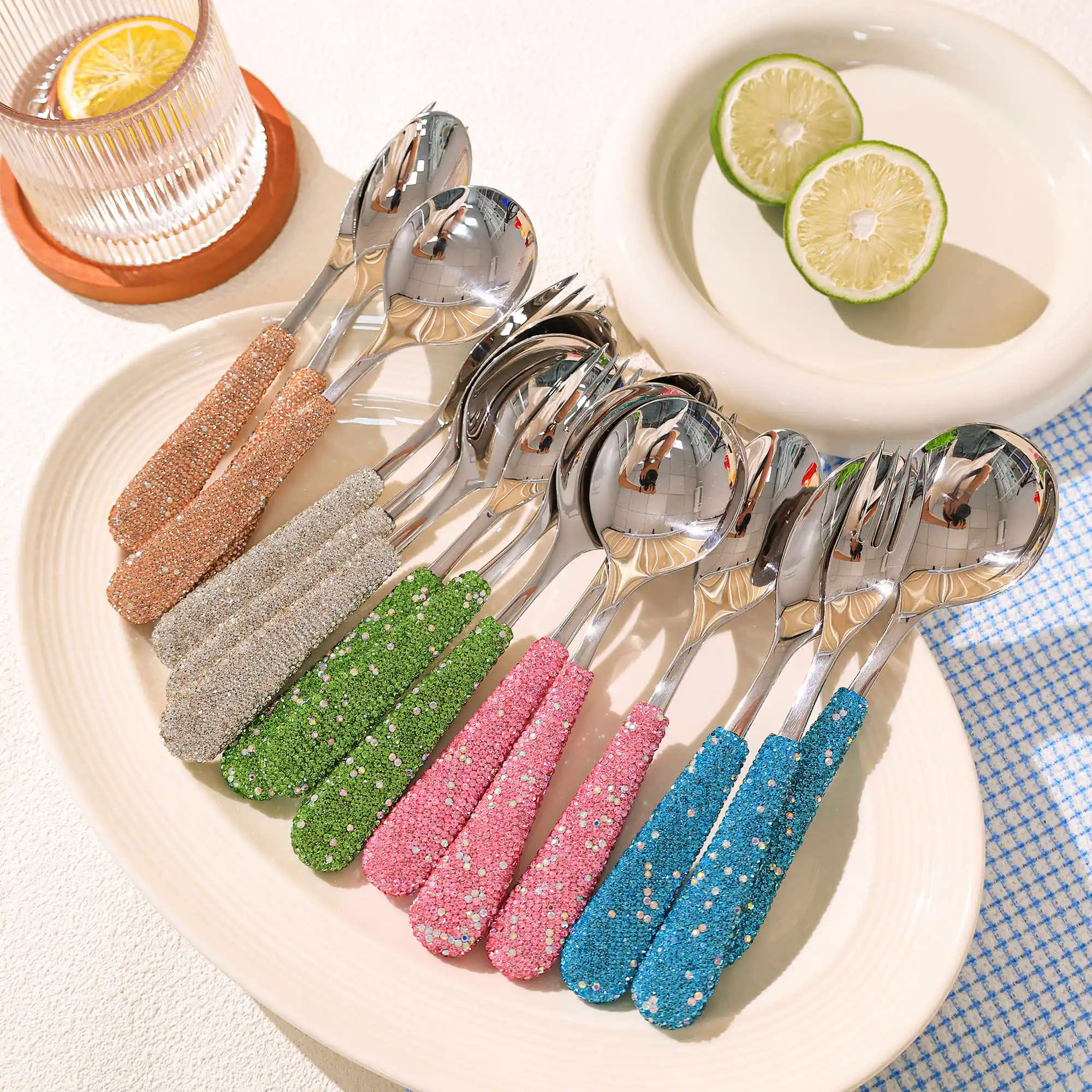 304 Stainless Steel Dessert Spoon Fork Set Bling Rhinestone Silver Western Tableware Mini Ice Cream Coffee Salad Fork Dinnerware
