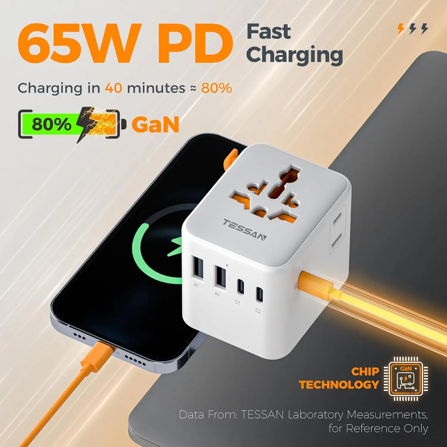 TESSAN 65W GaN Universal Travel Adapter with USB-A+Type-C All in One 20W/28W Adapter Fast Charging EU UK USA AUS Plug for Travel