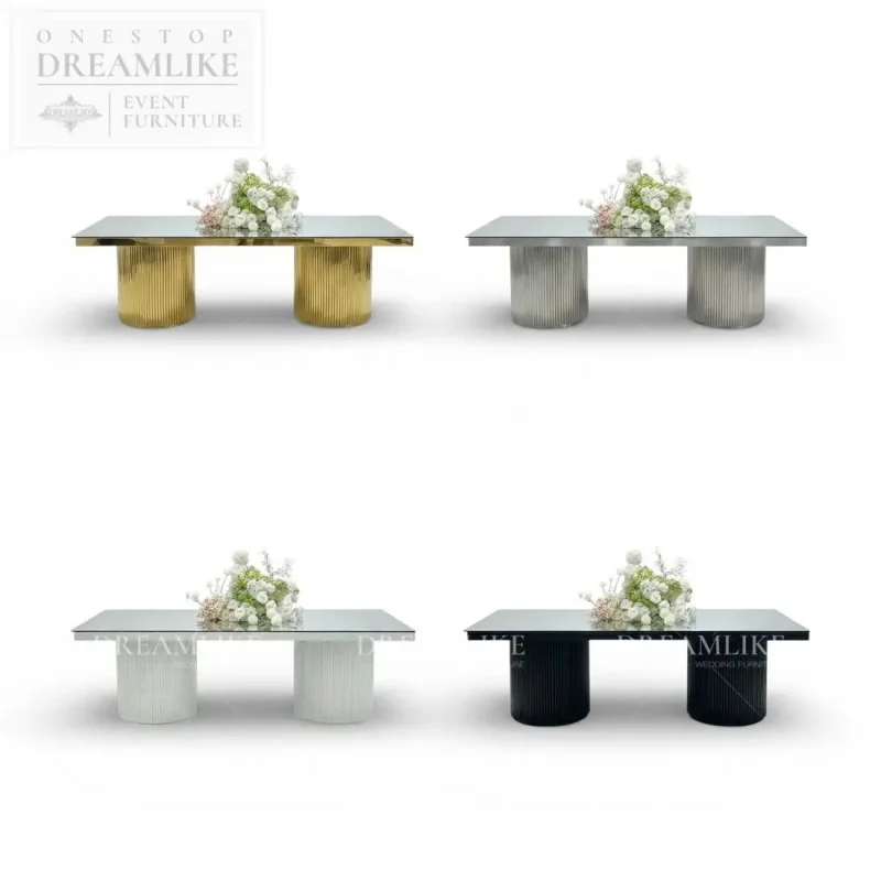 custom.Modern Glass Top Iron Dining Table with Double Fluted Pedestal Event Rental Factory Direct Bulk Order Supplier