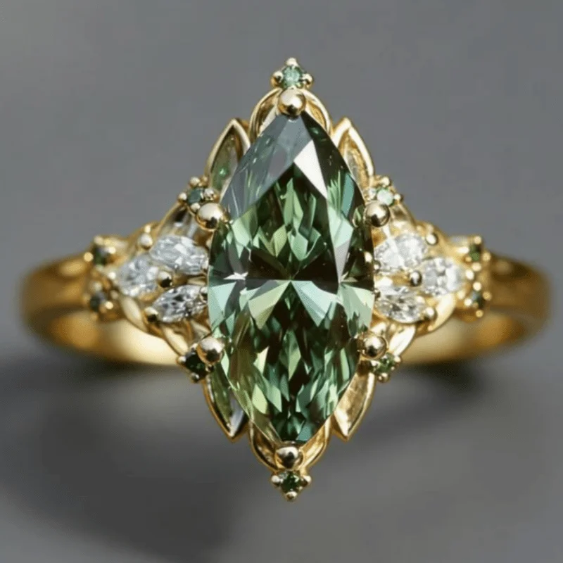 Ladies' Eternal Ring Inlay Vintage Horse Eye Olive Green Synthetic Zircon Court Style Ring Elegant Jewelry Accessory