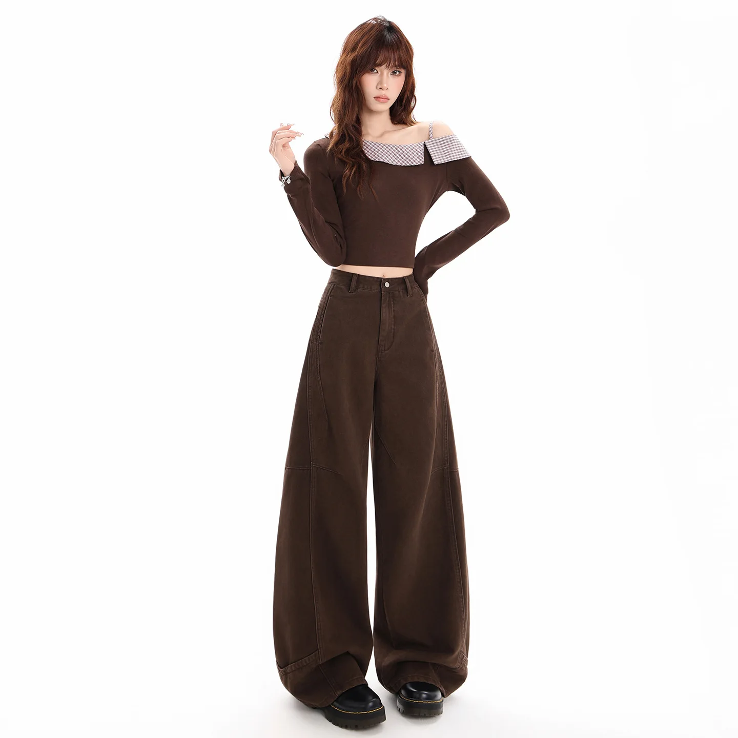 

Коричневые широкие джинсы для женщин, осень-зима 2026, новые, свободные, стройнящие, удлиненные, повседневные, прямые брюки-кюлоты