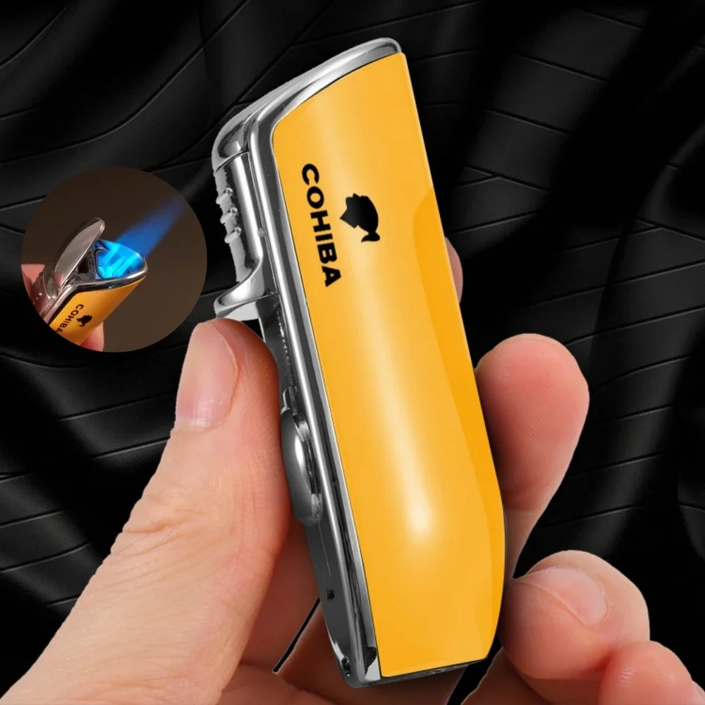 COHIBA 3 Jet Portable Cigar Lighter Metal Turbo Torch Butane Gas Windproof Lighter with Cigar Punch Tool Men\'s Cigar Gift Set