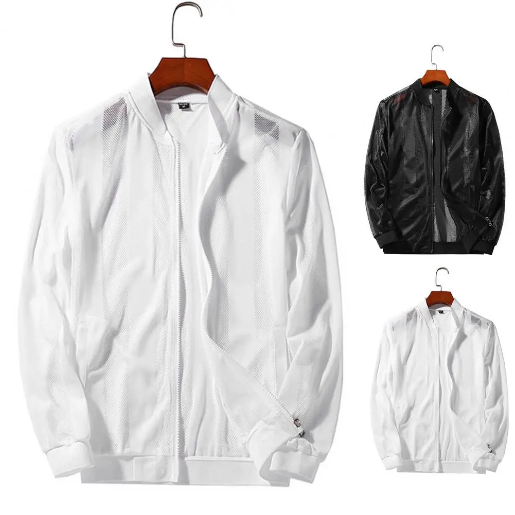 Summer Jacket Comfortable Men Jacket Lightweight Solid Color  Simple Hollow Breathable Men Summer Jacket