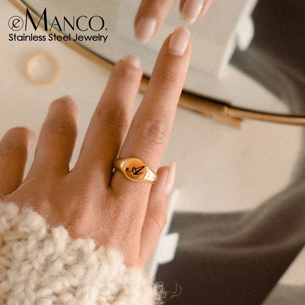 EManco-Personalizado Anel de Sinete de Aço Inoxidável para Mulheres, Chunky Round Top, Carta Inicial do Carimbo, Punk Candid Fashion Jewelry