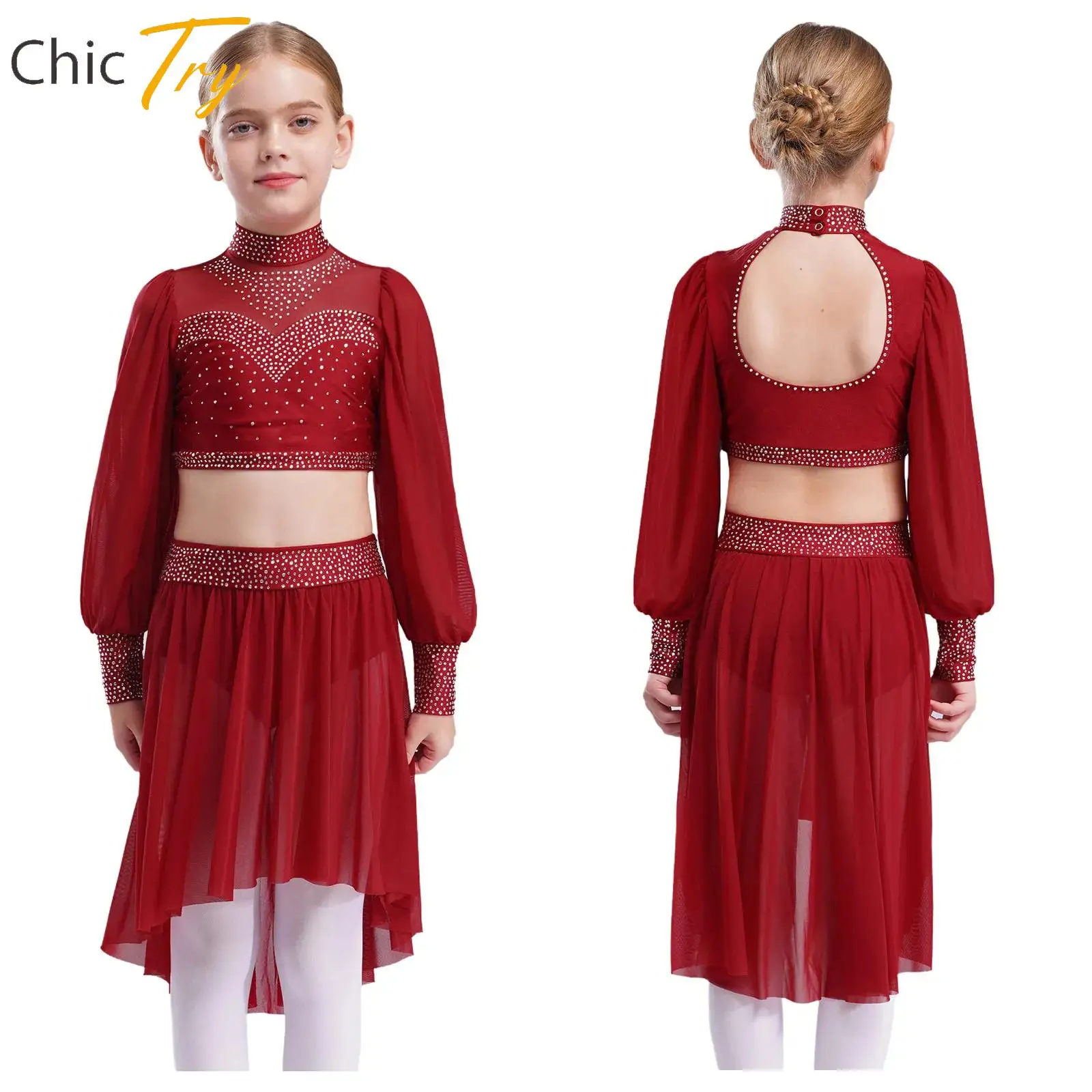 

Kid Girl Ballet Lyrical Modern Dance Outfit Sheer Mesh Long Sleeves Cutout Back Crop Top with Skirt Contemporary Performance Set