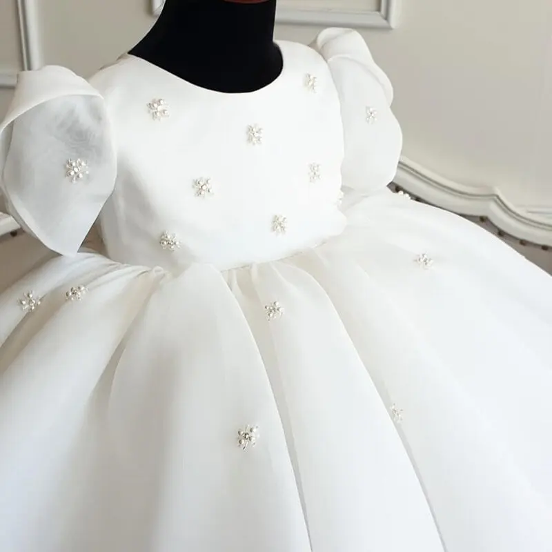 2025Girls' Spring and Autumn New Year-Old Baby White round Neck Sweet Princess Dress