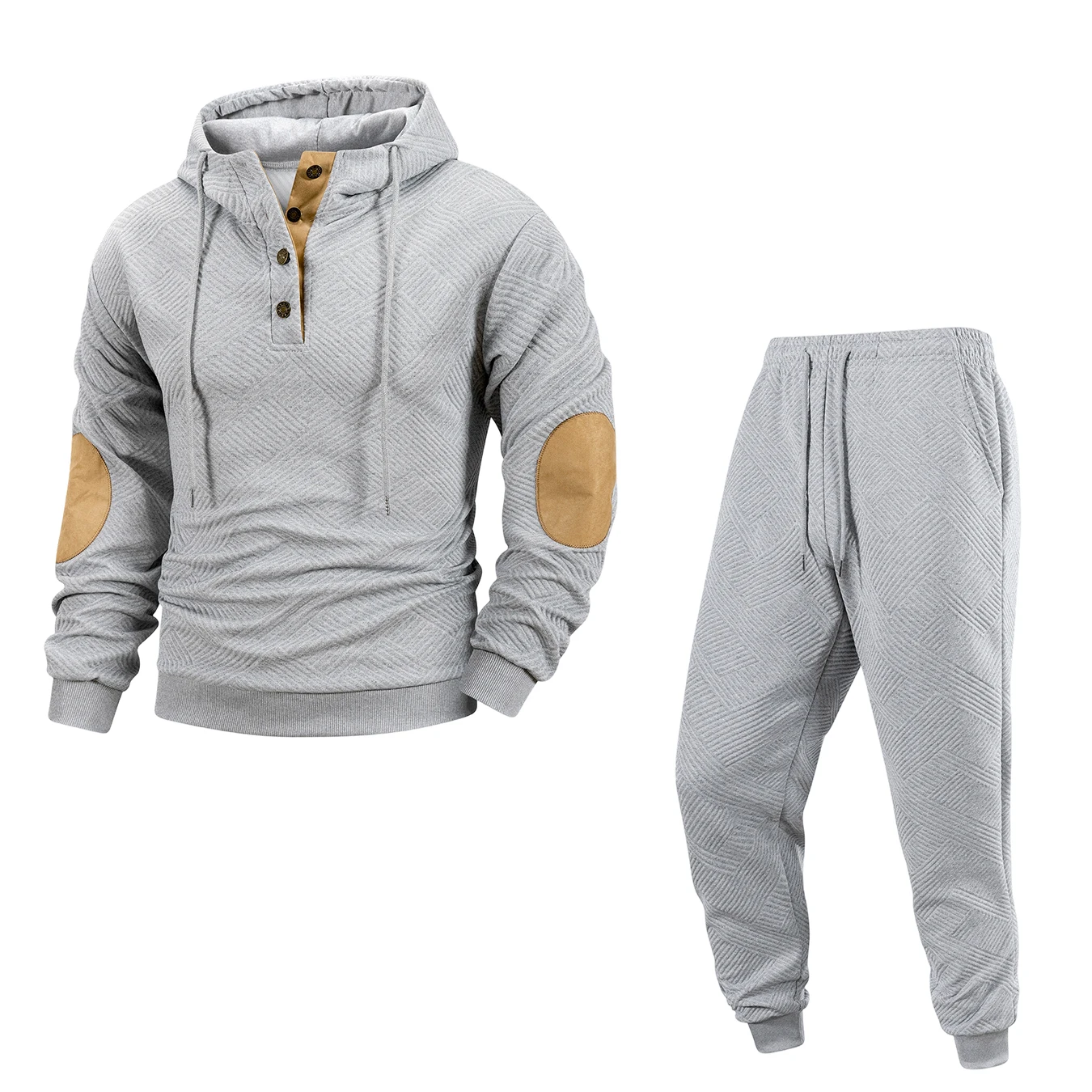 Conjunto Deportivo de 2 Piezas para Hombre, Sudadera con Capucha Texturizada y Pantalones Deportivos con Parches en los Codos, Manga Larga, Estilo Vintage Informal para Otoño e Invierno