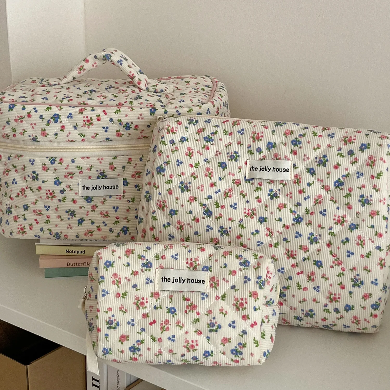 Preciosa bolsa de cosméticos de pana con costuras florales para almacenar el cuidado de la piel, ltemsLipsticks, accesorios, necesidad de viaje, regalo de cumpleaños