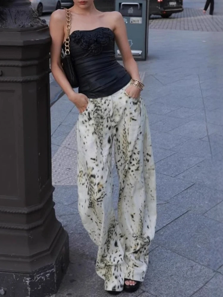 American-style retro water-rubbed leopard print jeans - women's street wide-leg floor-length pants, loose and casual pants