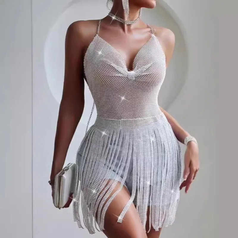 

Женское сексуальное блестящее пляжное платье со стразами и несколькими бахромой, летнее вечернее платье для вечеринки и годовщины свадьбы