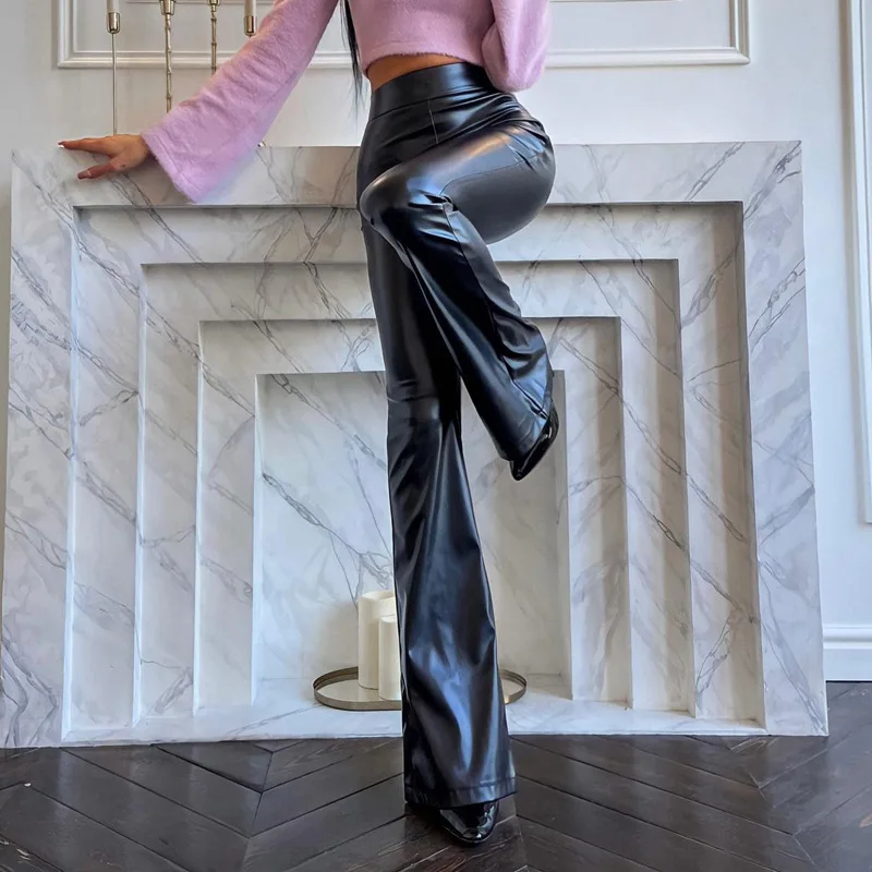 Women's PU Leather Flared Trousers Pants Black Sexy Skinny High Waist Casual Vintage Slim Elastic Tights Winter Autumn 2024