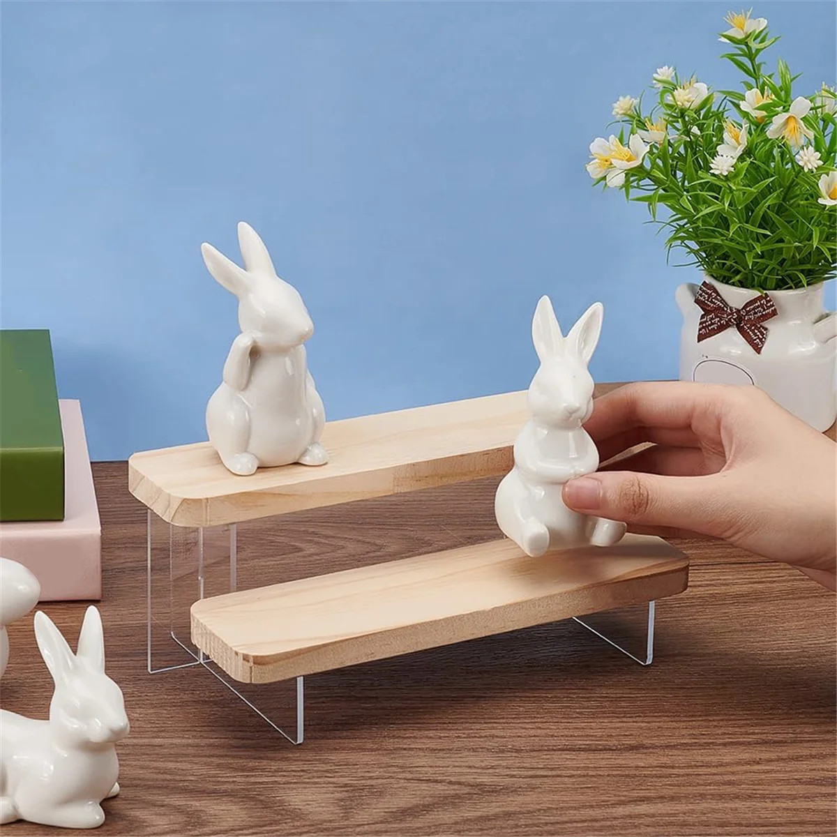

2-Tier Figure Display Stand Wooden Tiered Organizer Holder, Acrylic Display Risers for Models, Building Blocks Display