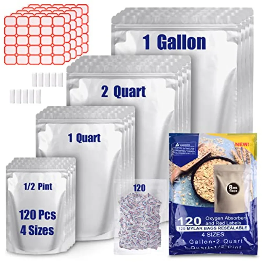 120 Mylar Bags for Food Storage with Oxygen Absorbers 300cc 8 Mil 1Gallon 10"x14" 7.5"x11.5" 6"x9" 4.3"x6.3" Stand-Up Zipper Re