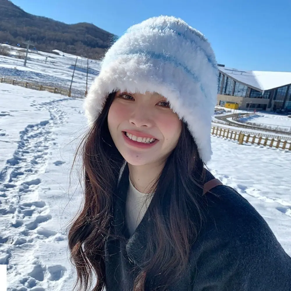 Faux Fur Bucket Hat Cold Protection Ear Protection Women Knitted Beanie Korean Style Thick Warm Pull On Cap Street Matching