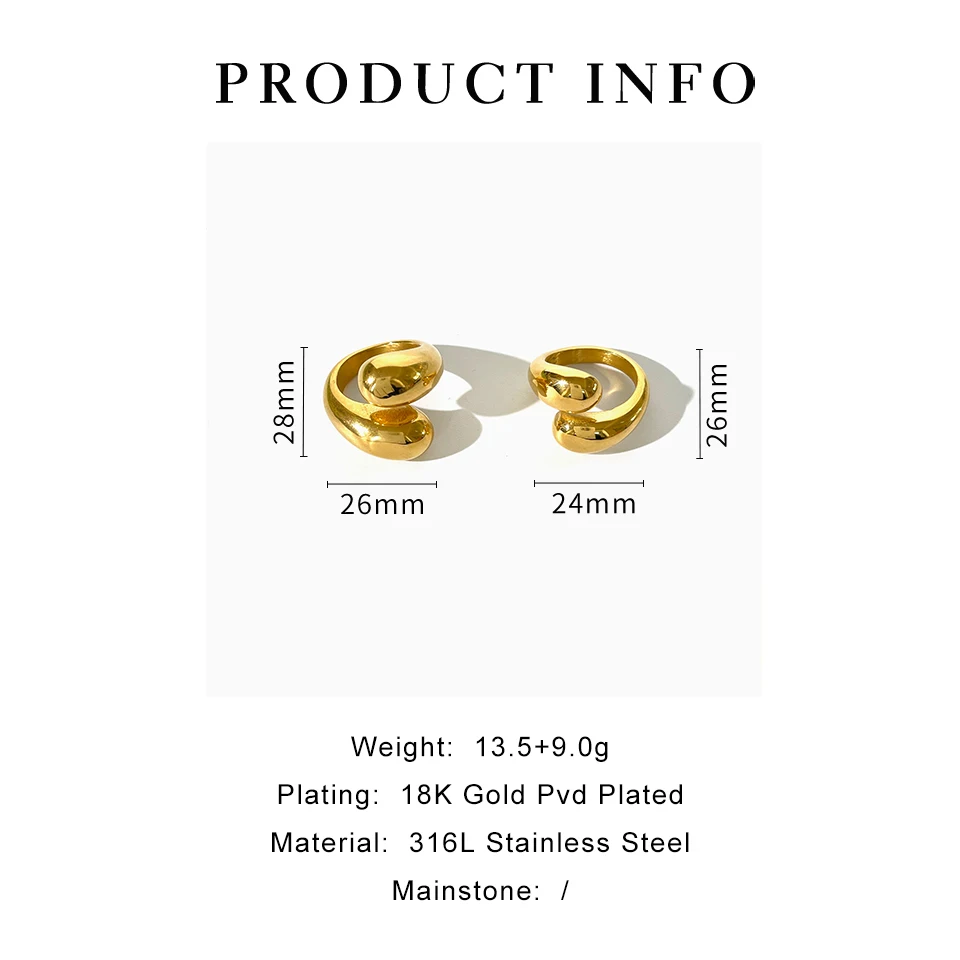 Peri\'sbox 18K Solid Gold Pvd Plated Double Dome Open Ring for Ladies 316L Stainless Steel Non-Tarnish Stackable Rings Statement