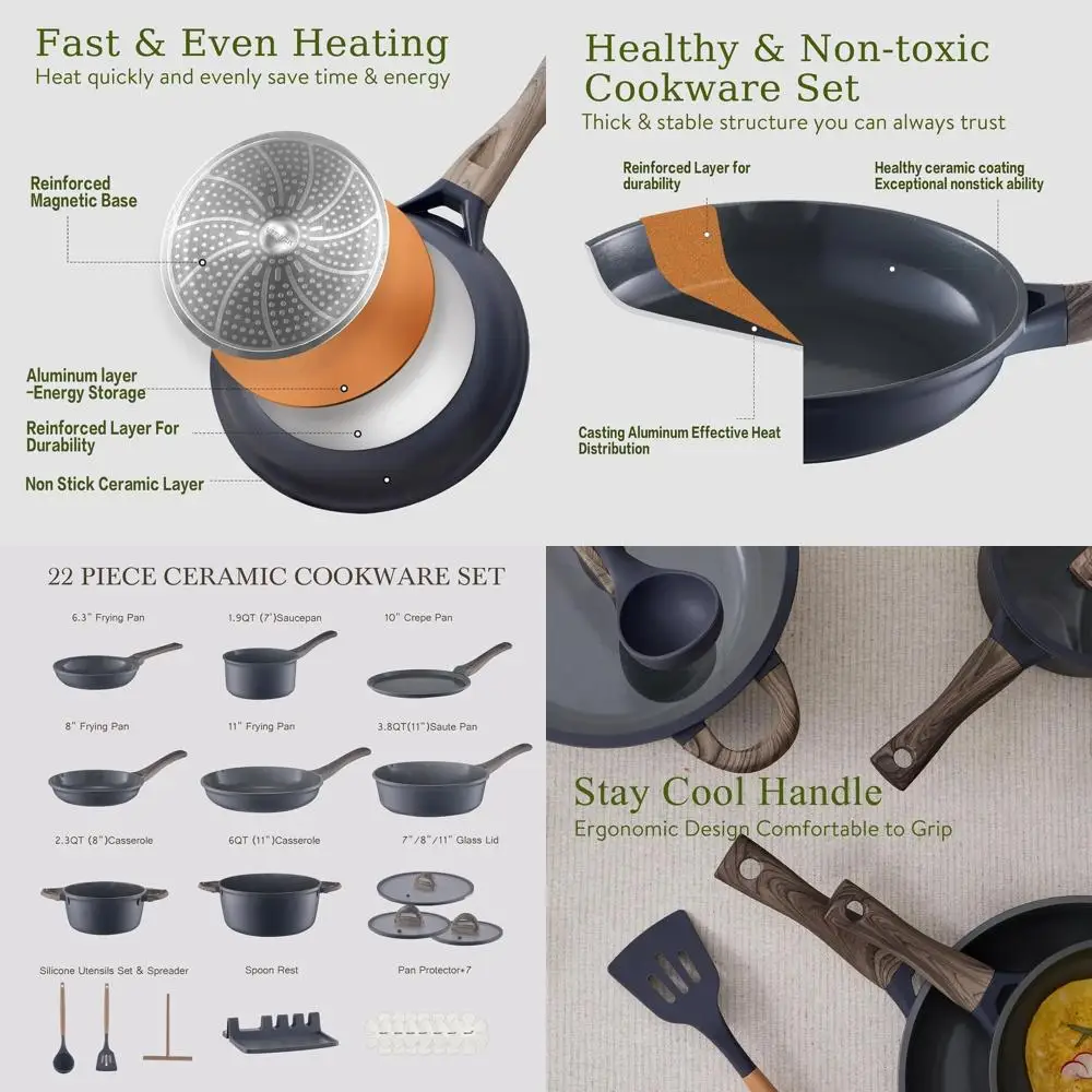 

Gray Granite 10 Non-Stick Ceramic Cookware Set with Induction Compatible Lids and Griddle, PFOA/PFOS-Free