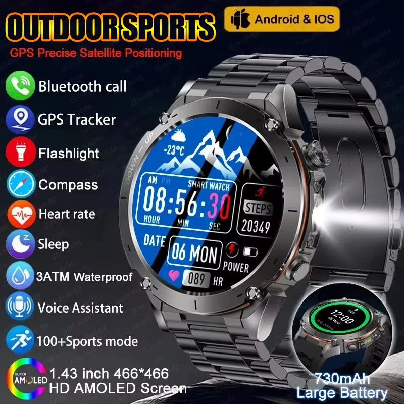 

Новые умные часы с GPS, 2023, 1,43 дюйма, ультра HD-дисплей, встроенный GPS и компас, альтимет, барометрические, 5 АТМ, водонепроницаемый браслет с аккумулятором 730 мАч