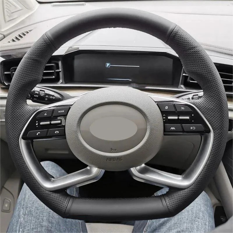 

Perforated Leather Cover For Hyundai Sonata 10th 2020 Elantra 7th 2021 Hand Sewing Car Interior Steering Wheel Cover Trim Black