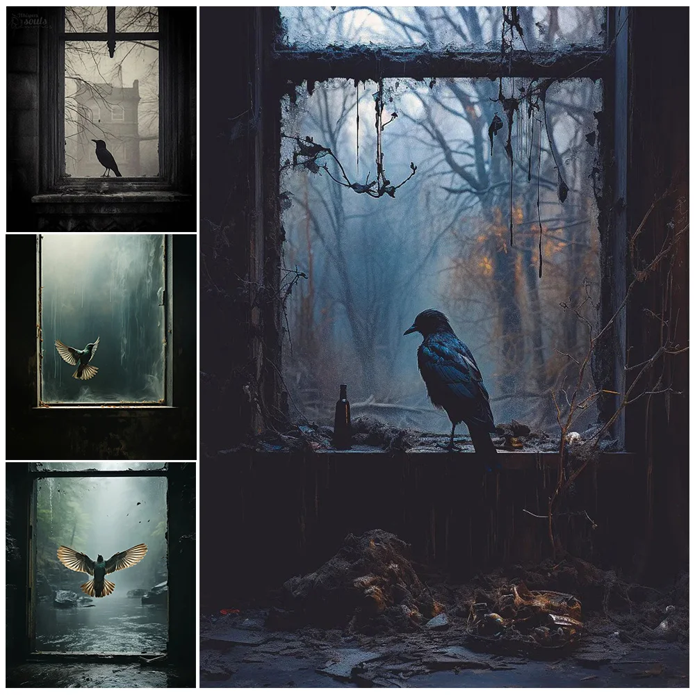 الطيور الطنانة والغربان أمام عتبة النافذة القديمة، لوحة جدارية عتيقة، لوحة قماشية، فن جماليات داكنة، طباعة ملصق، ديكور #1