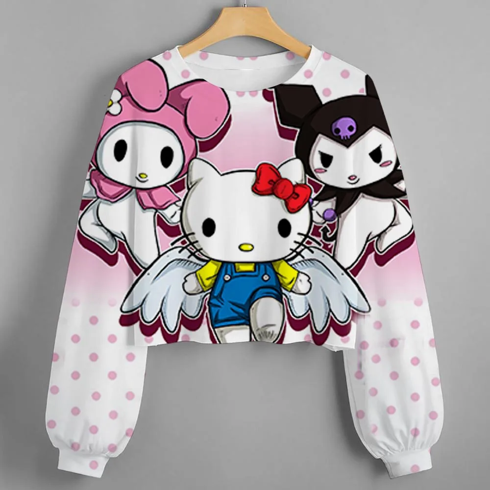 

Fashionable women's hoodie with personalized Hello Kitty/Kurumi print cut, ultra short long sleeved top, autumn children's new p