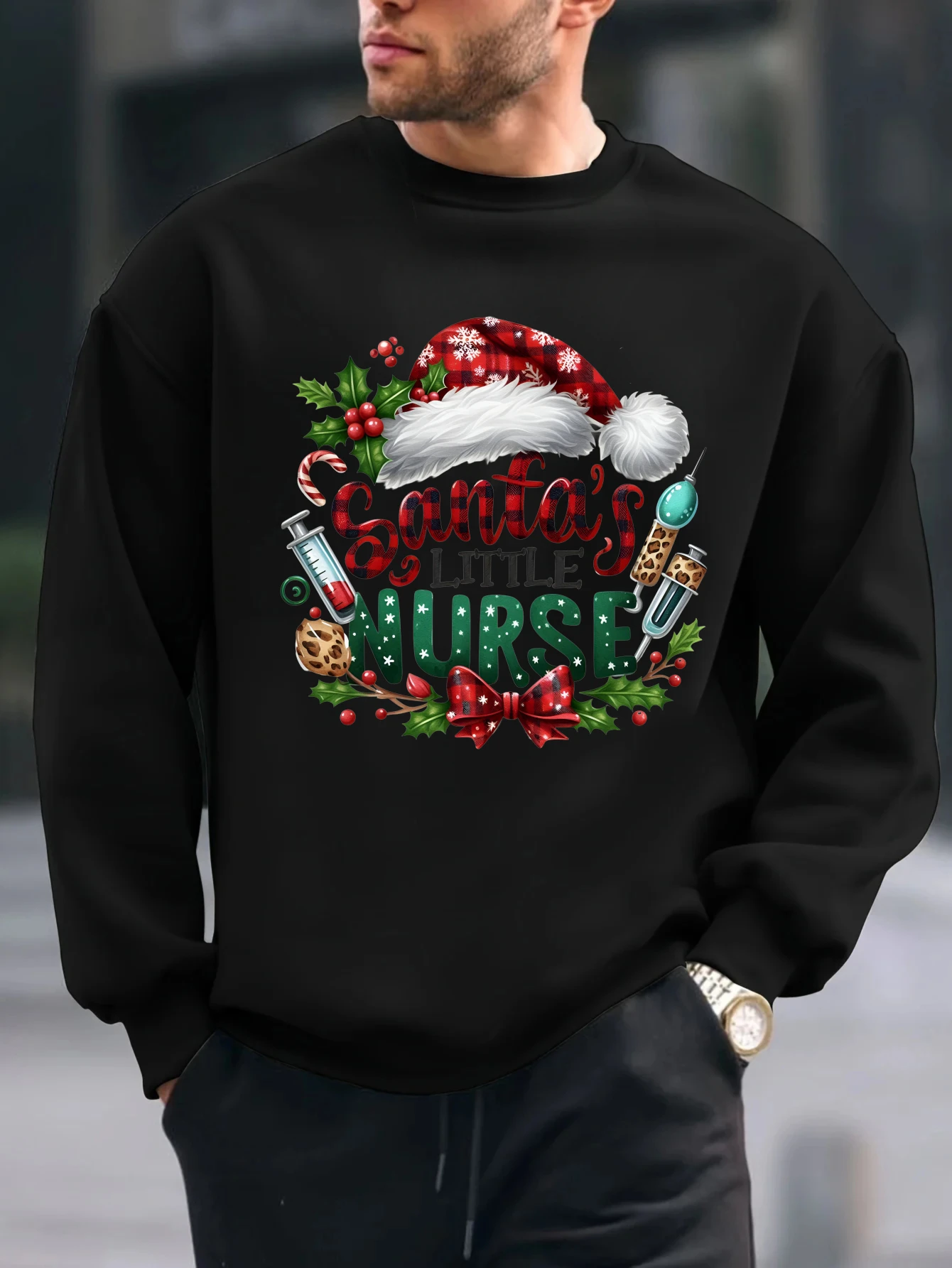 

2025 Рождественская шляпа с принтом граффити, топы, повседневная хлопковая футболка с длинными рукавами для мужчин, весенне-осенняя рождественская модная одежда, футболки