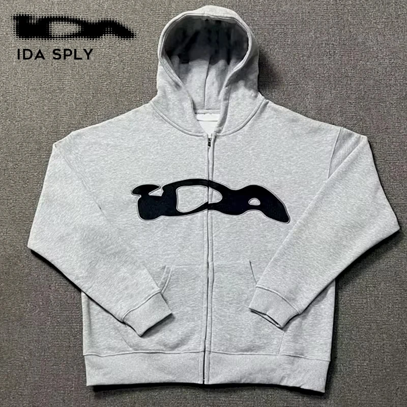 

Ida sply Chest Towel Embroidery Label Zipper Hip-hop Hoodie Cotton Sweatshirts Men Casual Gray Loose Pullovers