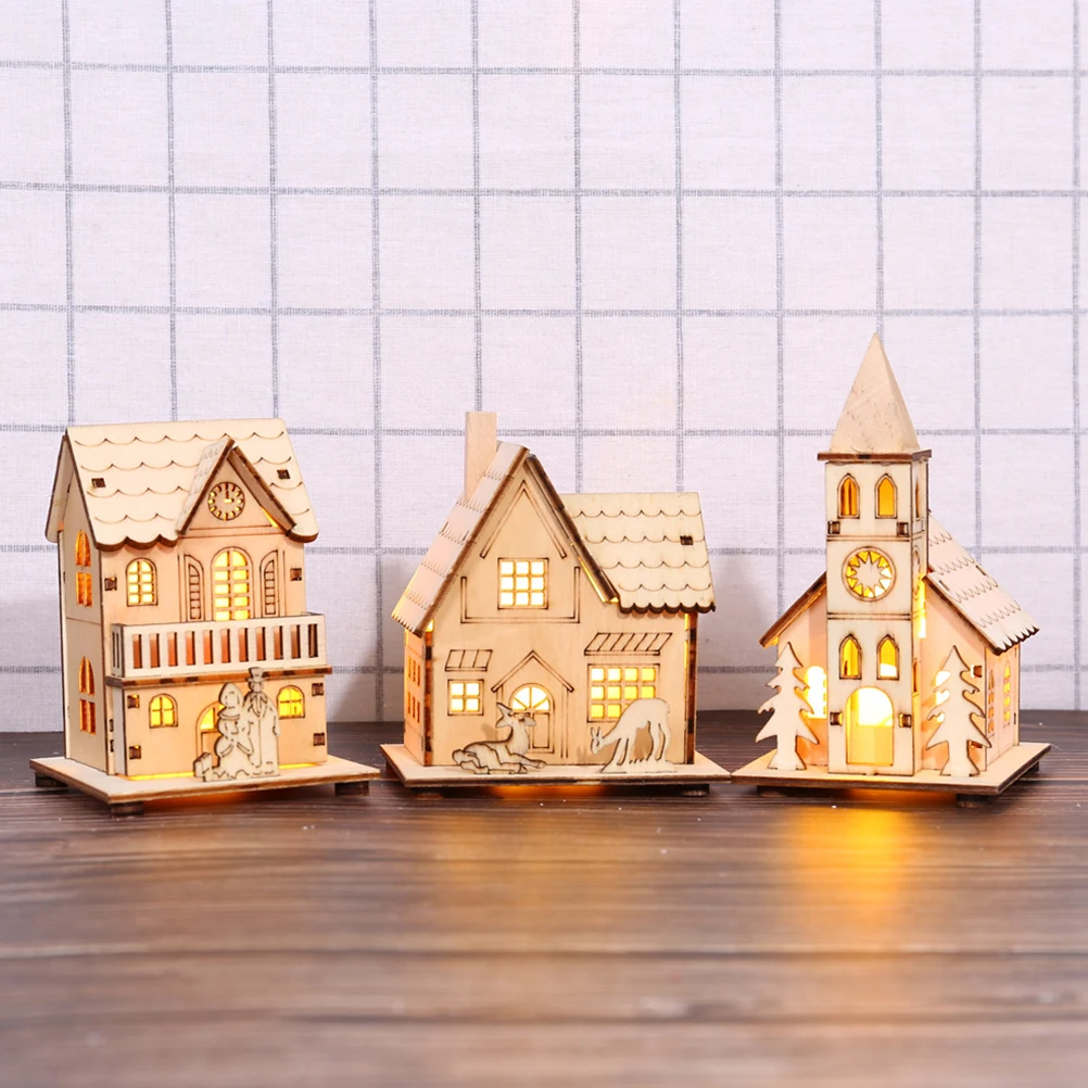 Christmas LED Light House Luminous Wooden Cabin Ornament Snow Scene Village Christmas Decoration For Home New Year Kids Gifts