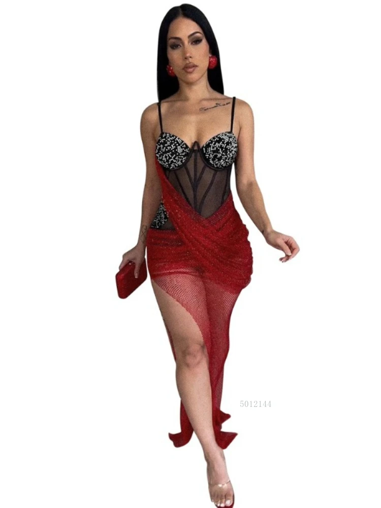 Luxury Irregular Lace Rhinestone Fish Bone Mesh Spaghetti Strips Slim Split Long Party Women Sexy Birthday Wedding Guest Dress