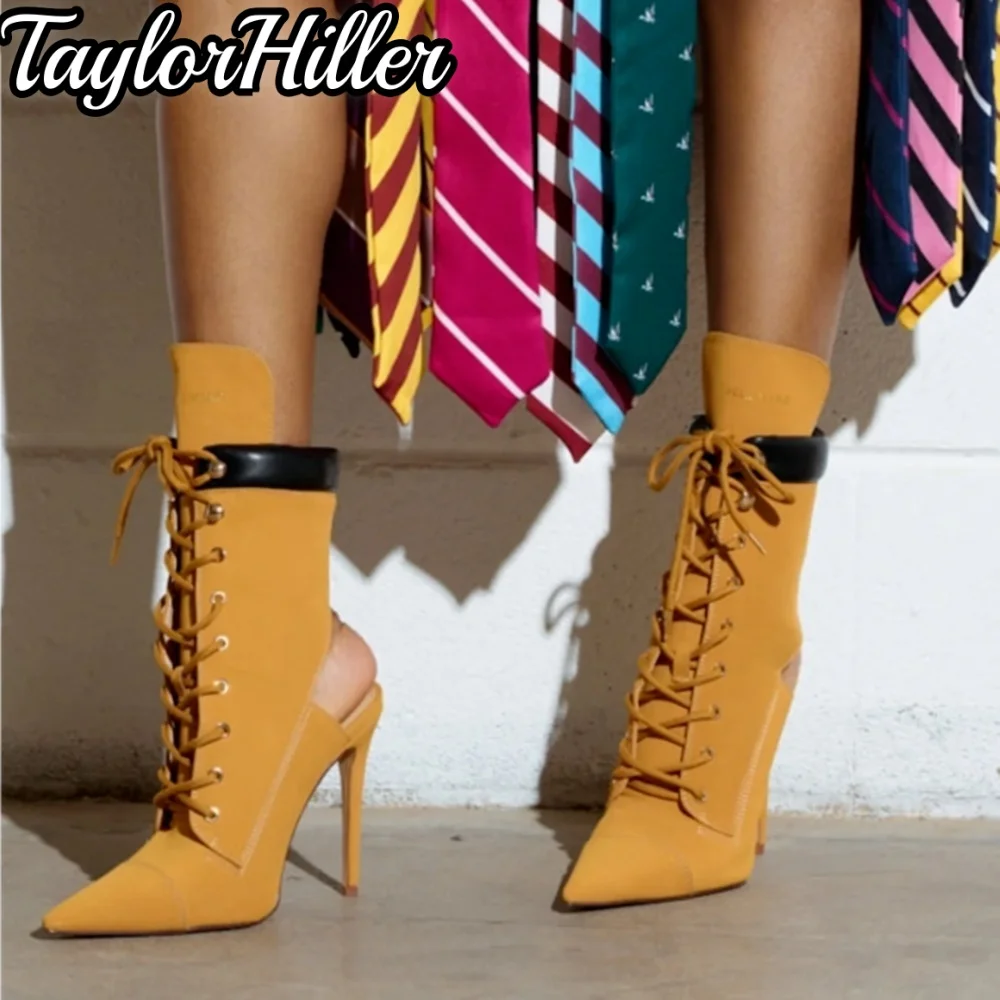 Gladiator Hakken Patchwork Front Lace Up Laarzen Puntige Teen Stiletto Booties Vrouwen Luxe Designer Schoenen Moderne Zapatos De Mujer