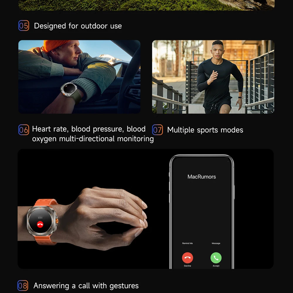 جديد في الهواء الطلق الساعات الذكية الرجال لفتة التحكم بلوتوث دعوة Smartwatch SOS النساء الرياضة اللياقة البدنية البوصلة معدل ضربات القلب مقاوم للماء