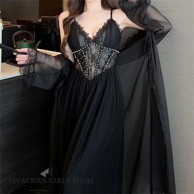 

Женский длинный комплект-двойка: халат и ночная сорочка. Новинка весна-лето. Домашняя одежда, сексуальное сетчатое кружевное белье, ночная сорочка, домашняя одежда для отдыха.