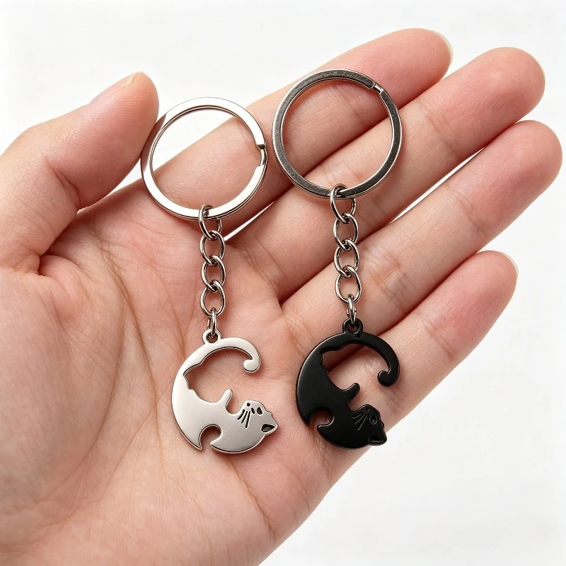 Cute Hug Cat Keychain Creative Patchwork Heart Round Keyring Couple Lovers Key Chains Bag Pendant Car Keyholder Accessories Gift image 3